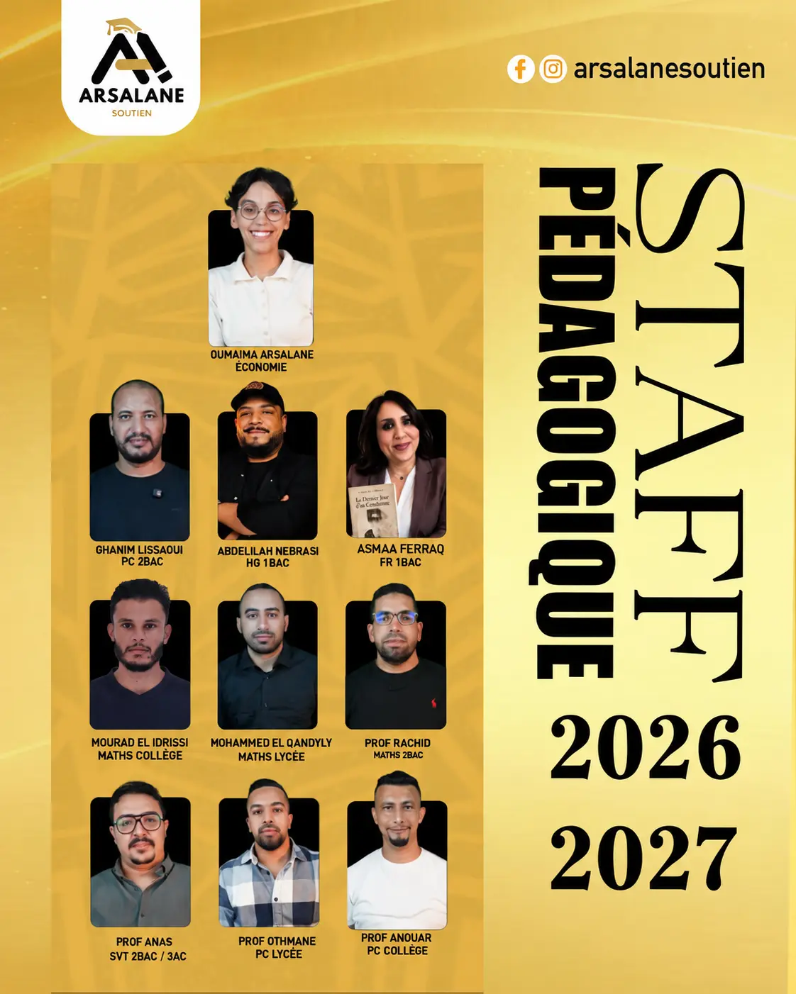Affiche Staff pédagogique Arsalane Soutien